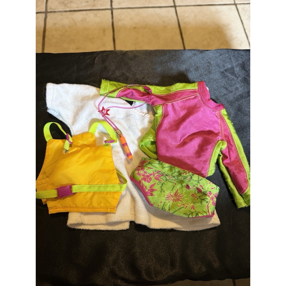 American Girl Doll Pool Outfit Swimsuit Terry Cloth Robe &Lifejacket & Sunscreen